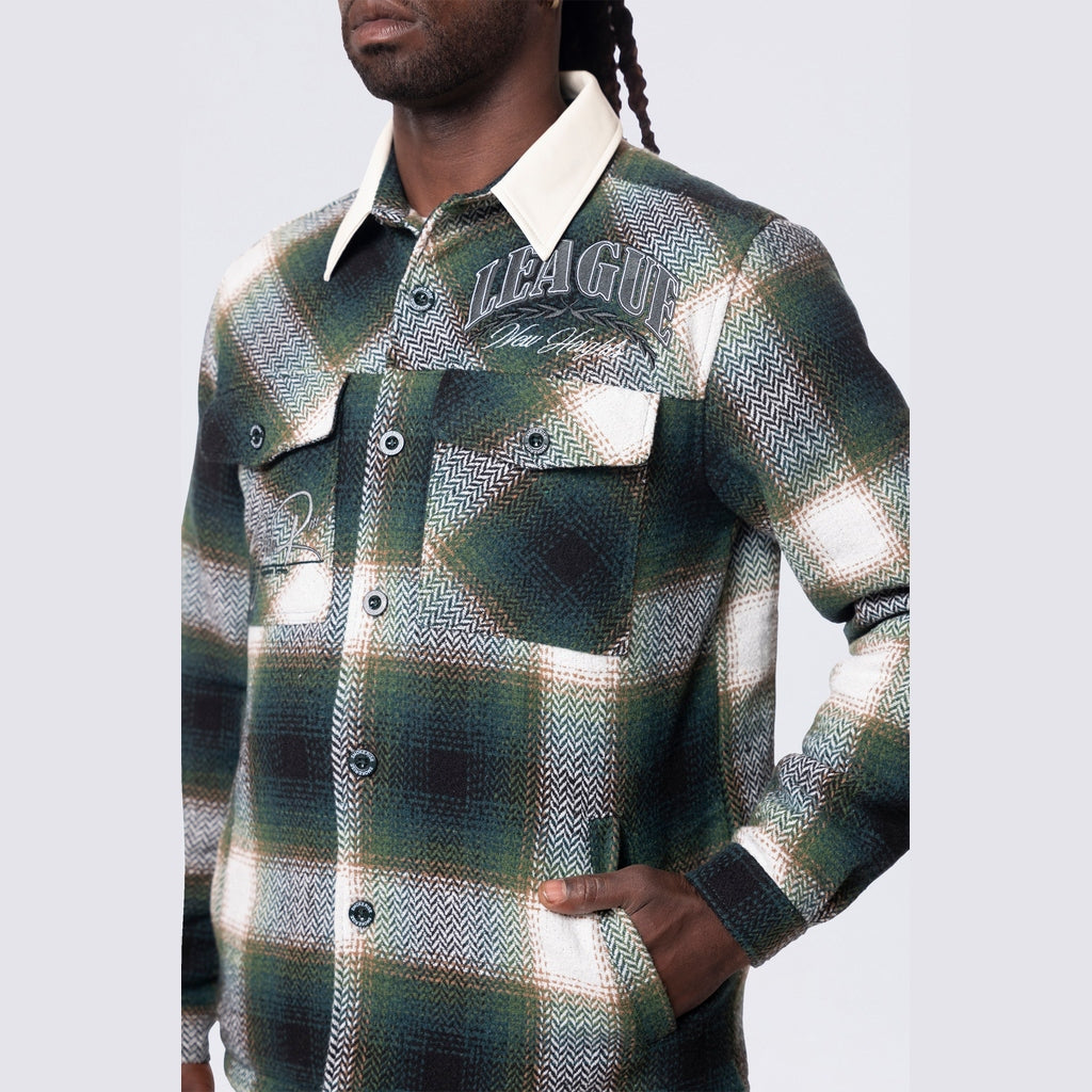 Smoke Rise Vegan Leather Collar Plaid Shacket - Spruce