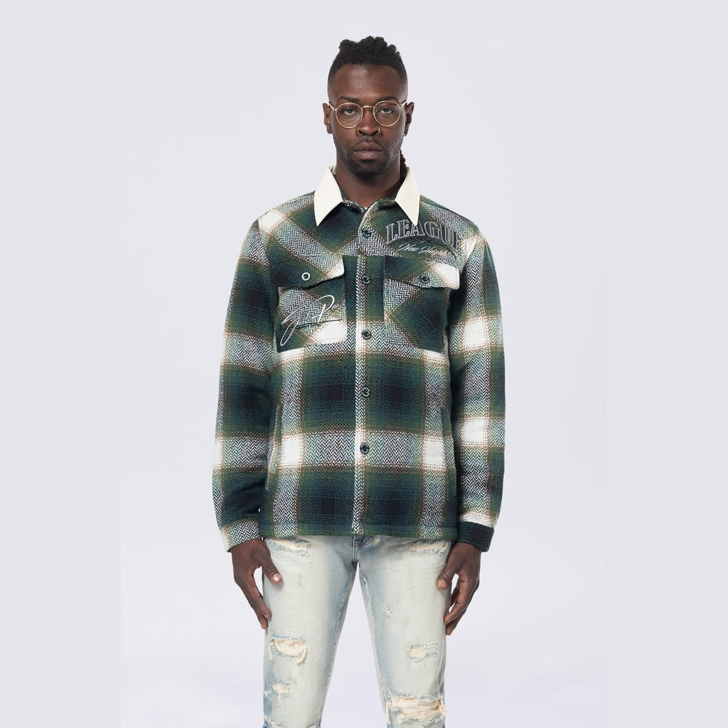 Smoke Rise Vegan Leather Collar Plaid Shacket - Spruce