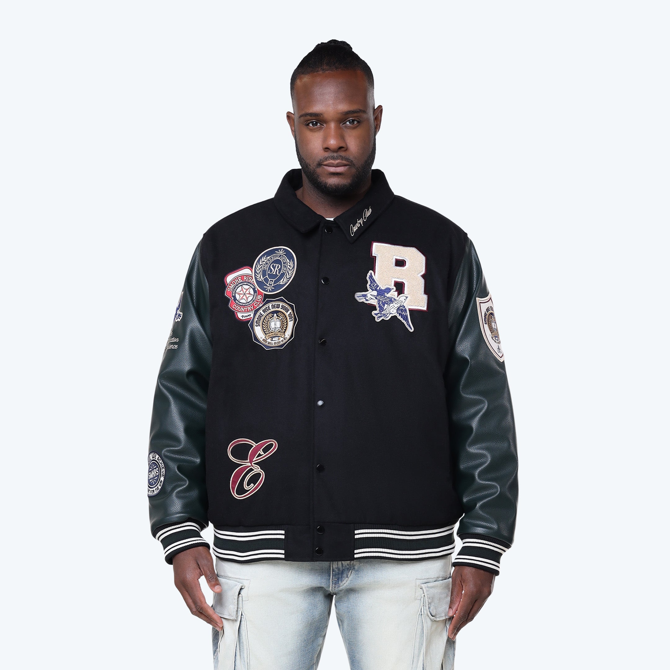 Big and Tall - Tapestry Sleeved Varsity Jacket - Black