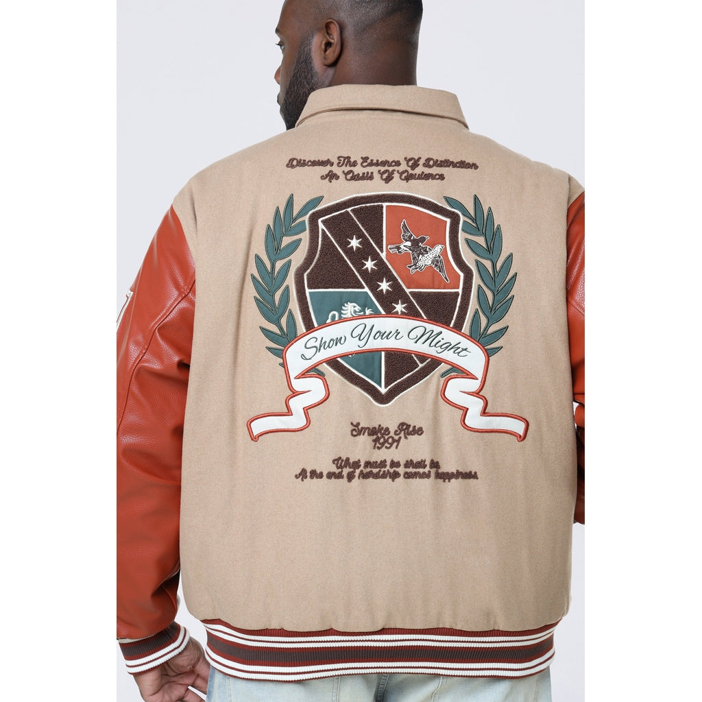 Smoke Rise Big and Tall Big and Tall - Tapestry Sleeved Varsity Jacket - Muted Khaki