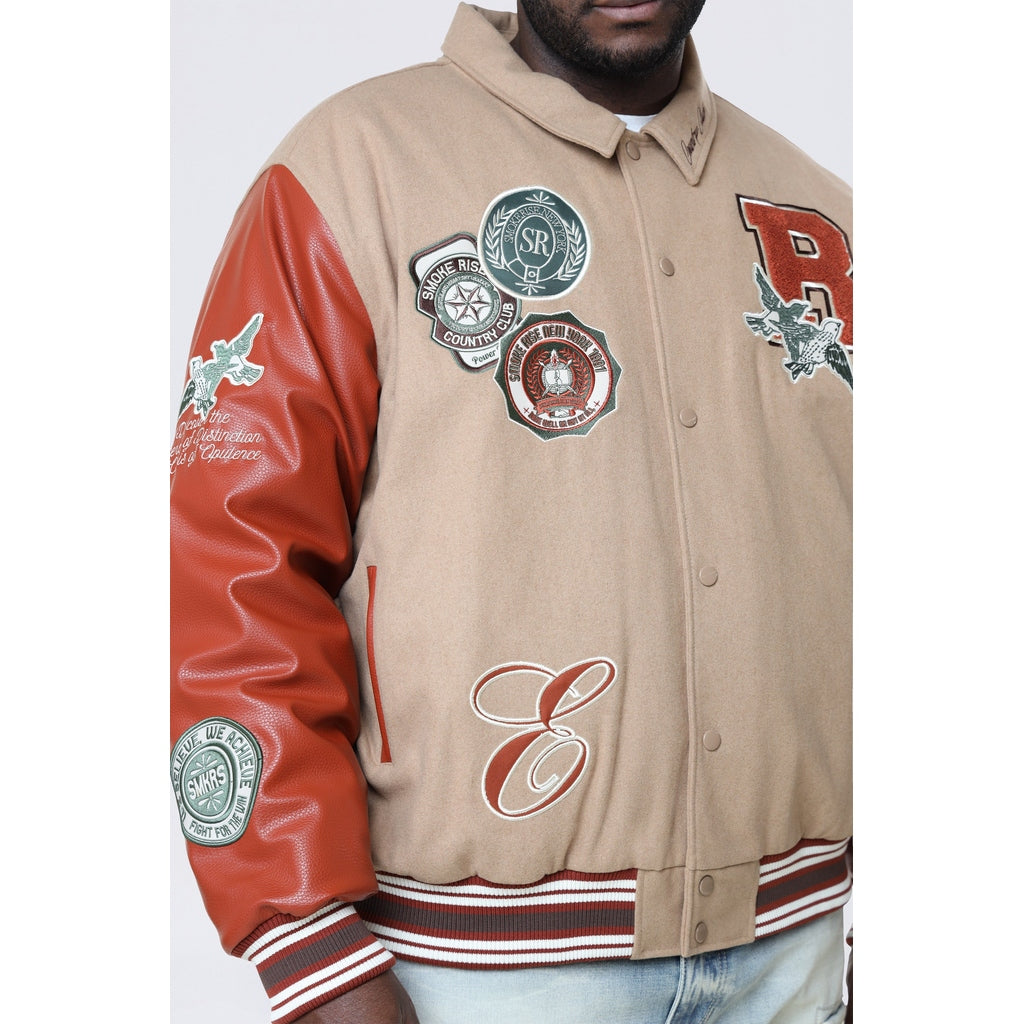 Smoke Rise Big and Tall Big and Tall - Tapestry Sleeved Varsity Jacket - Muted Khaki