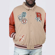 Smoke Rise Big and Tall Big and Tall - Tapestry Sleeved Varsity Jacket - Muted Khaki