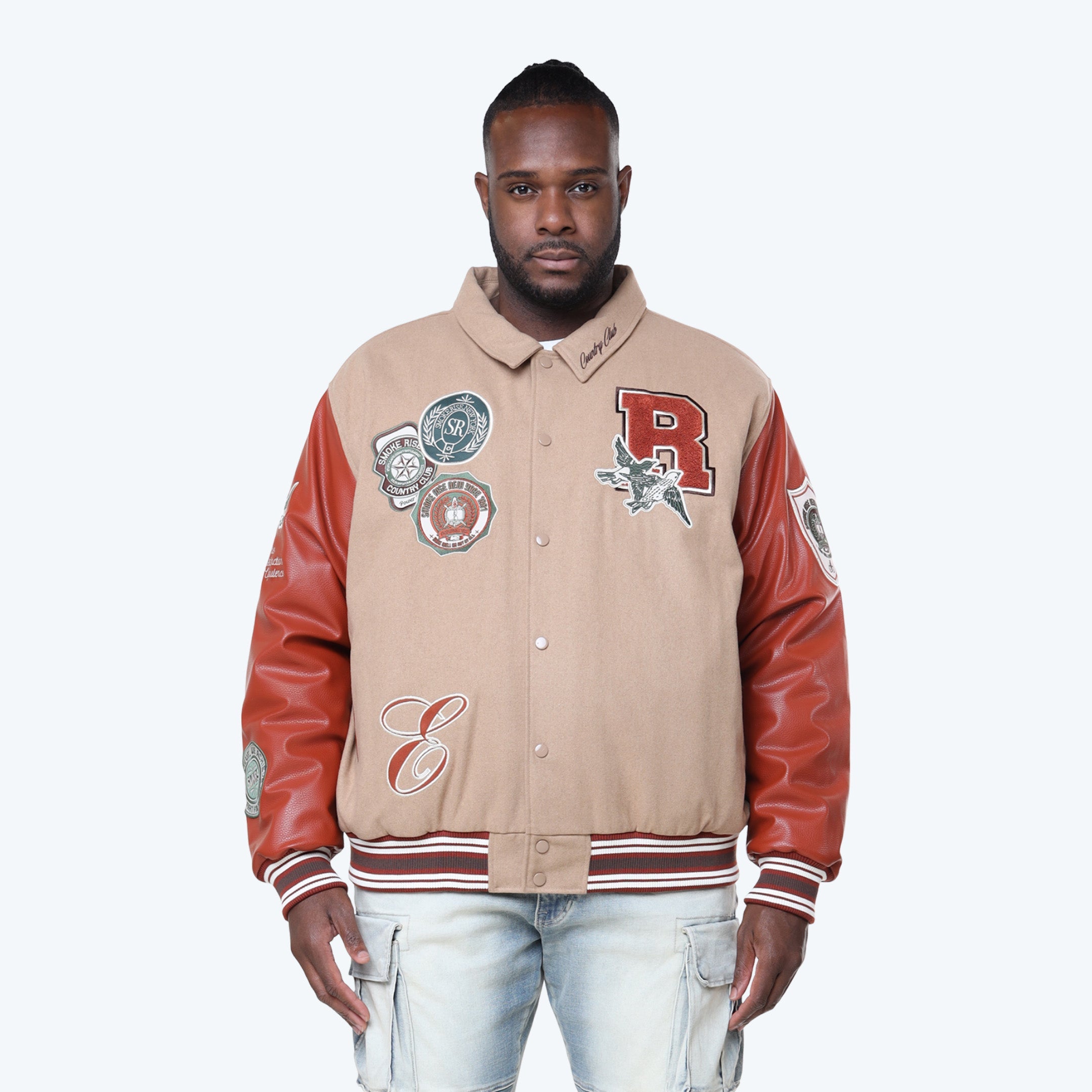 Big and Tall - Tapestry Sleeved Varsity Jacket - Muted Khaki