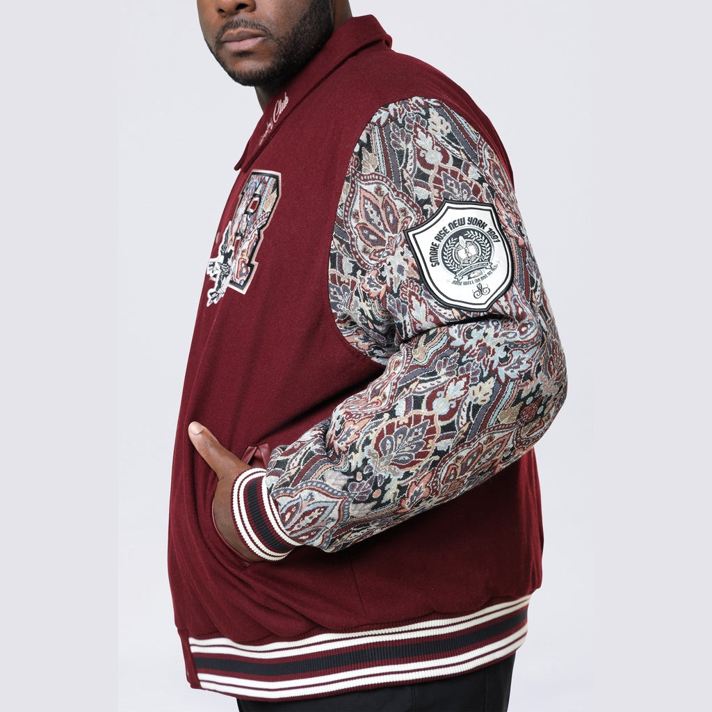 Smoke Rise Big and Tall Big and Tall - Tapestry Sleeved Varsity Jacket - Wine