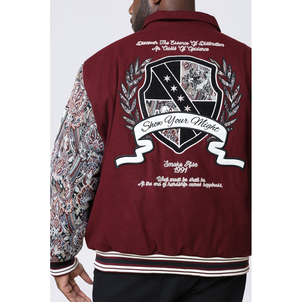 Smoke Rise Big and Tall Big and Tall - Tapestry Sleeved Varsity Jacket - Wine