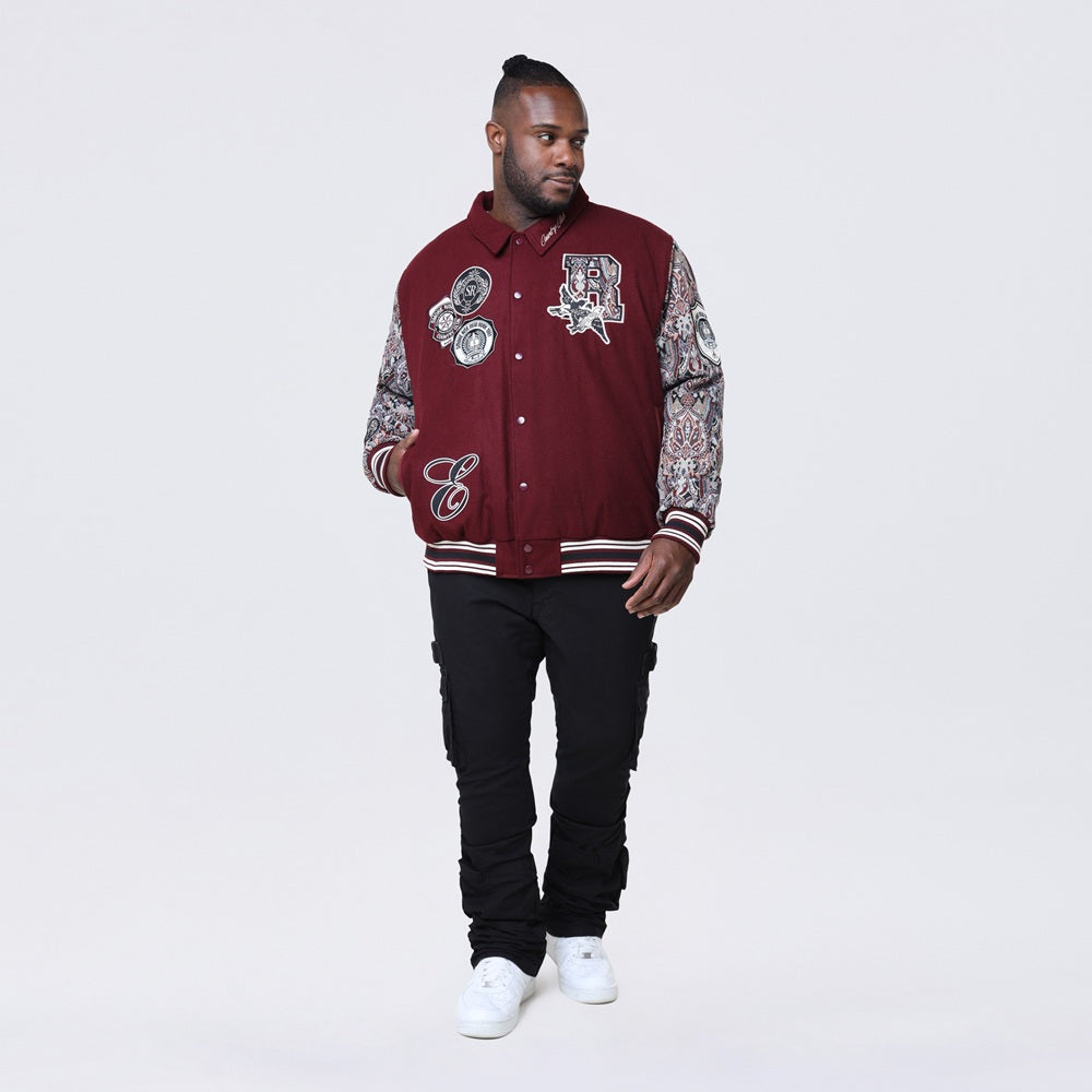 Big and Tall - Tapestry Sleeved Varsity Jacket - Wine