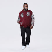 Big and Tall - Tapestry Sleeved Varsity Jacket - Wine