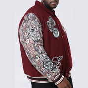 Smoke Rise Big and Tall Big and Tall - Tapestry Sleeved Varsity Jacket - Wine