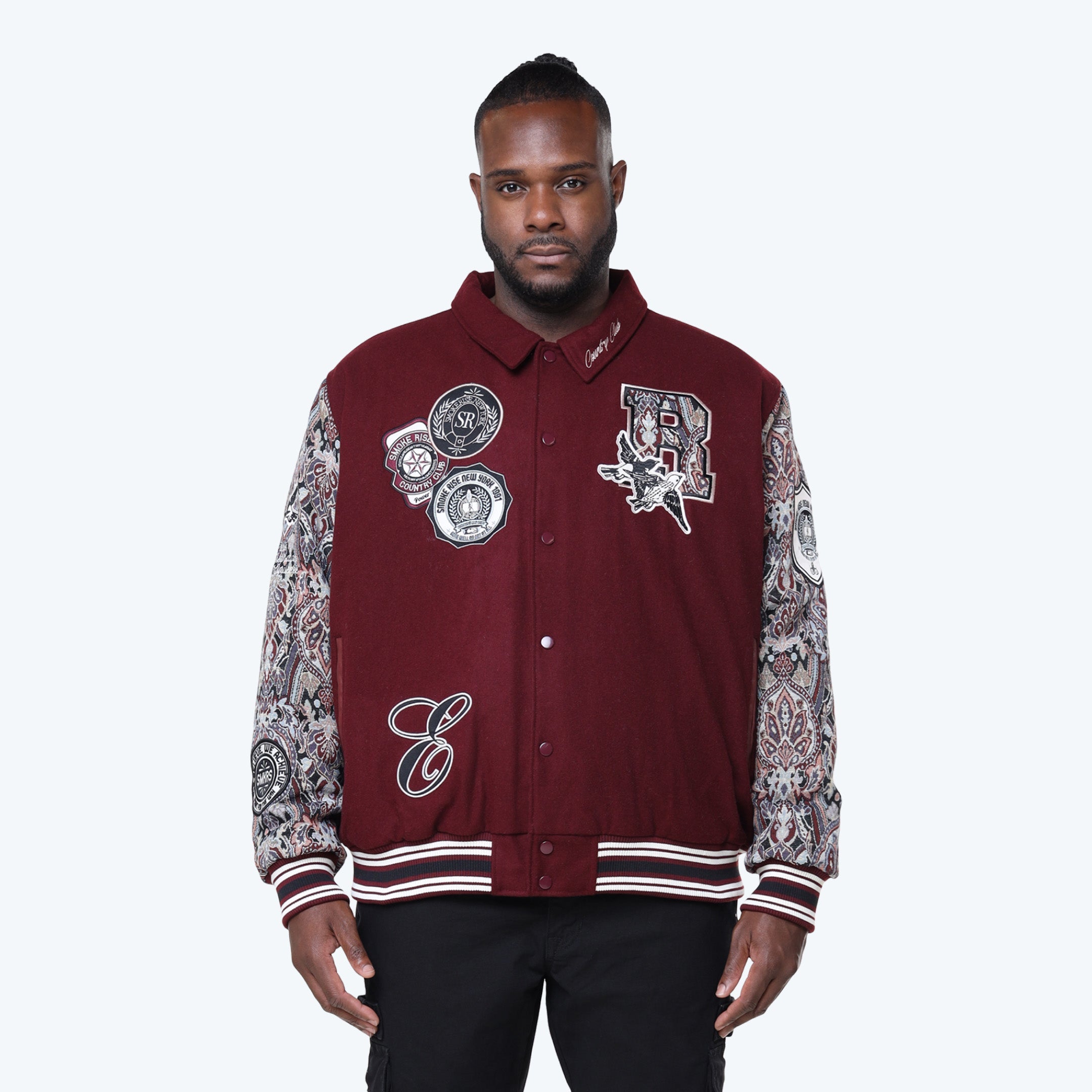 Big and Tall - Tapestry Sleeved Varsity Jacket - Wine