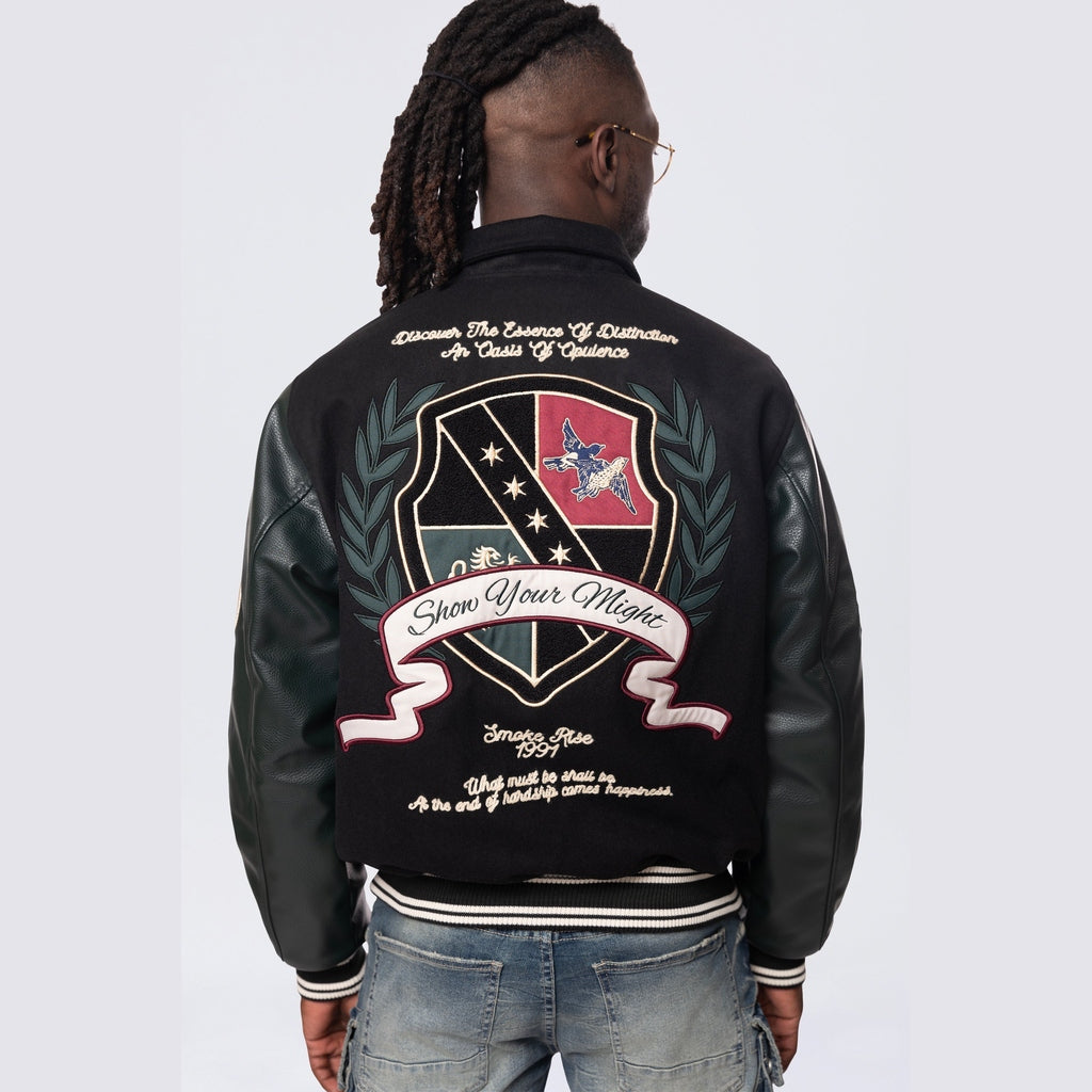 Smoke Rise Studded Patched Varsity Jacket - Black