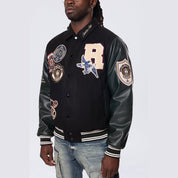 Smoke Rise Studded Patched Varsity Jacket - Black