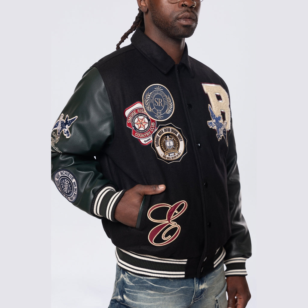 Smoke Rise Studded Patched Varsity Jacket - Black