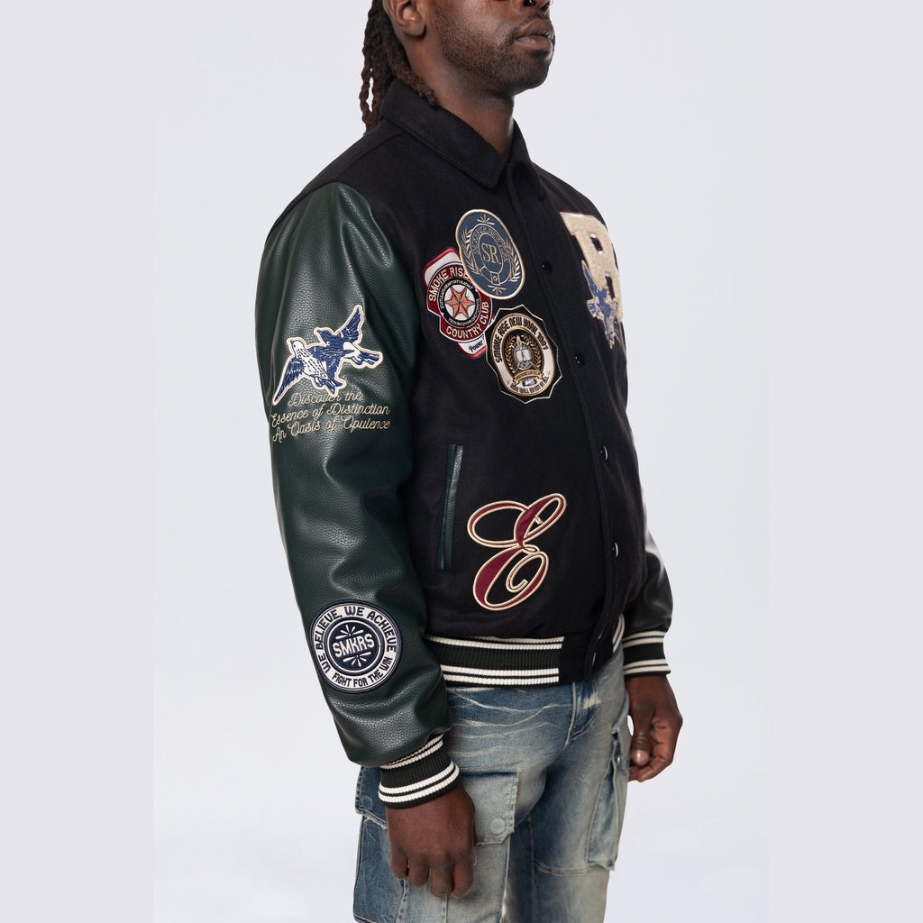 Smoke Rise Studded Patched Varsity Jacket - Black