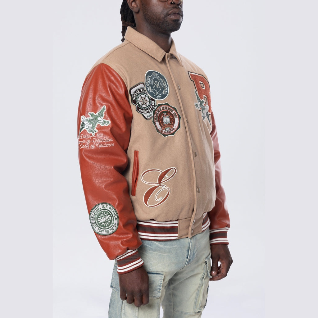 Smoke Rise Studded Patched Varsity Jacket - Muted Khaki