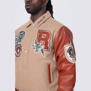 Smoke Rise Studded Patched Varsity Jacket - Muted Khaki