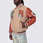 Smoke Rise Studded Patched Varsity Jacket - Muted Khaki