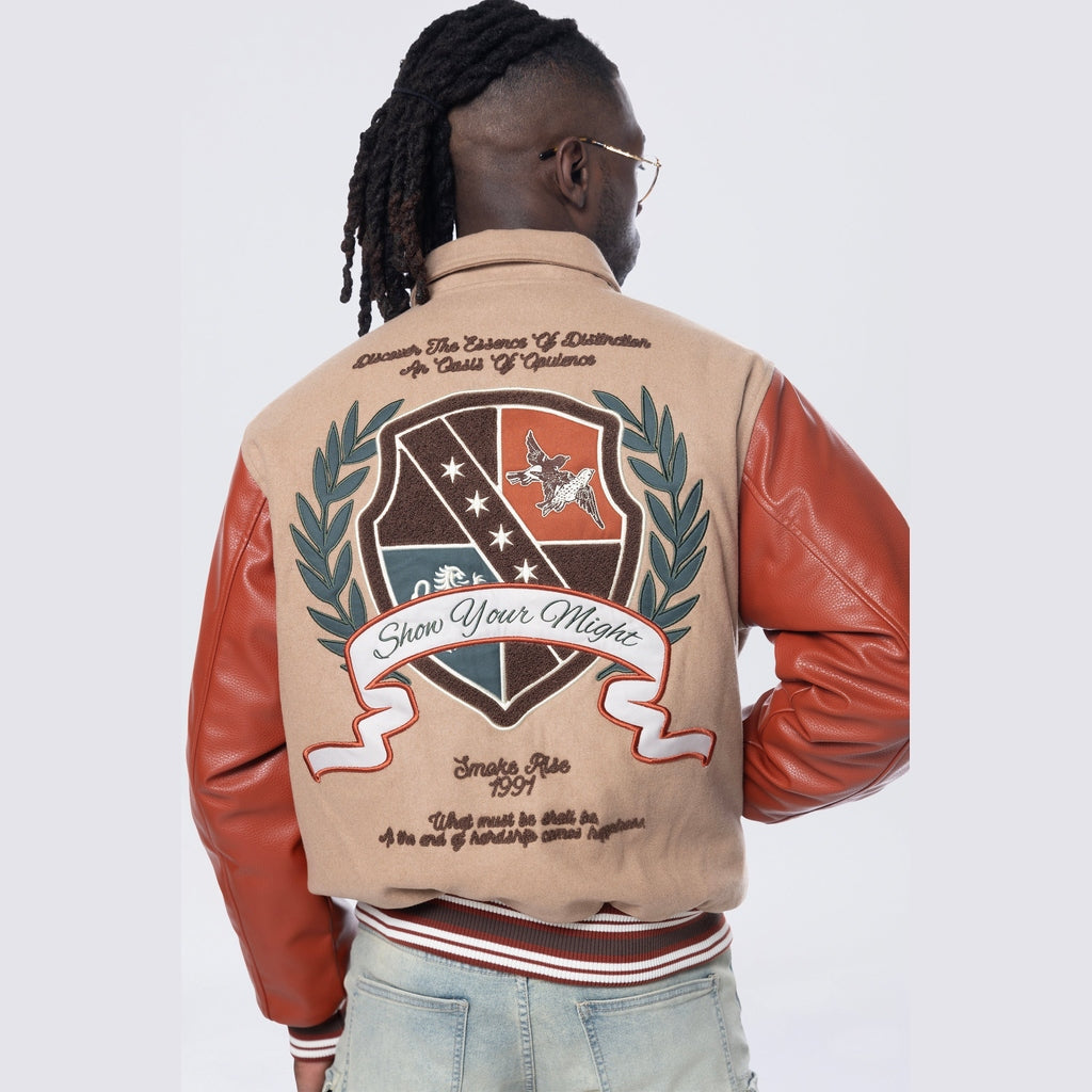 Smoke Rise Studded Patched Varsity Jacket - Muted Khaki