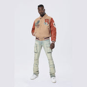 Smoke Rise Studded Patched Varsity Jacket - Muted Khaki