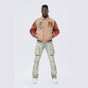 Smoke Rise Studded Patched Varsity Jacket - Muted Khaki