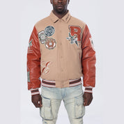 Smoke Rise Studded Patched Varsity Jacket - Muted Khaki