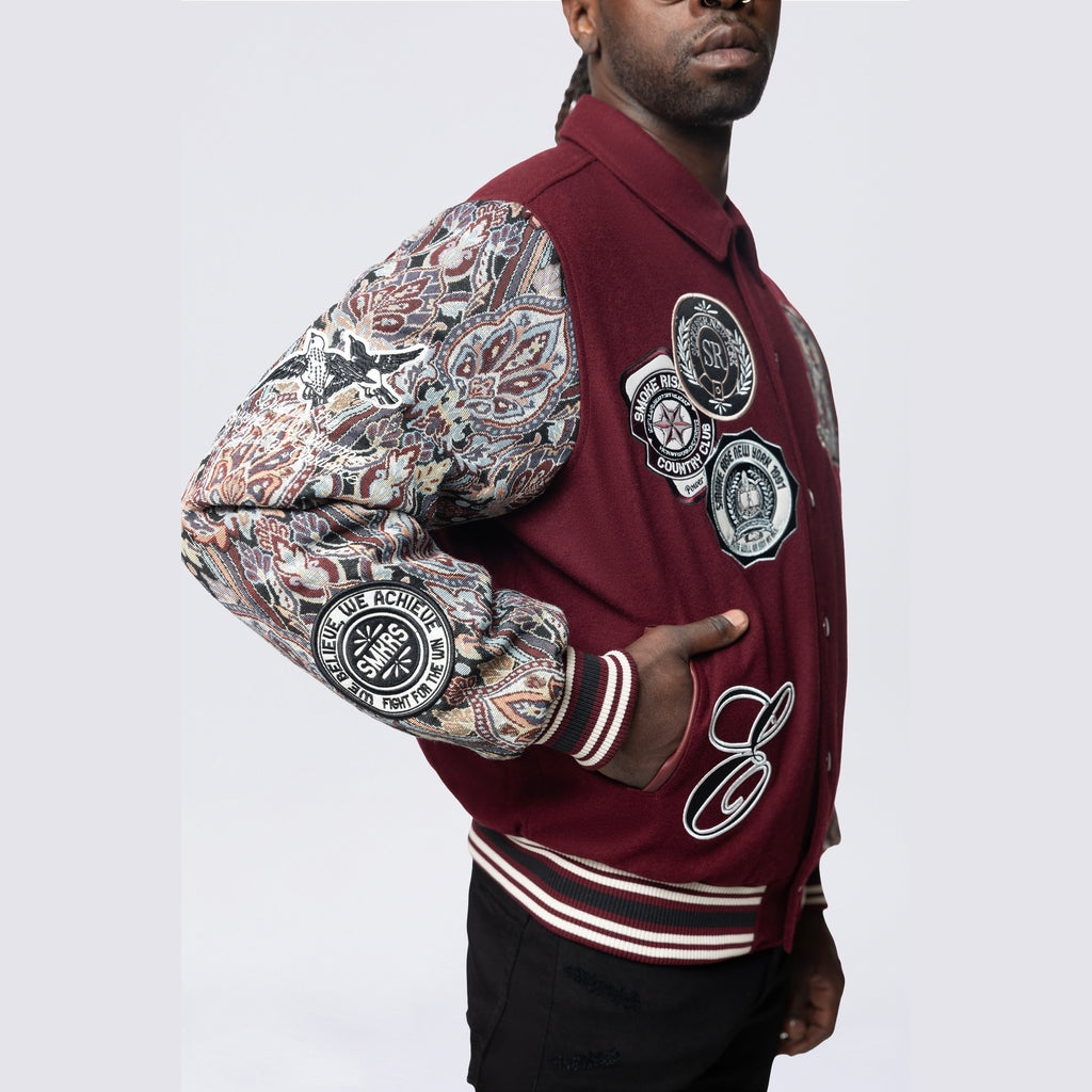 Smoke Rise Studded Patched Varsity Jacket - Wine