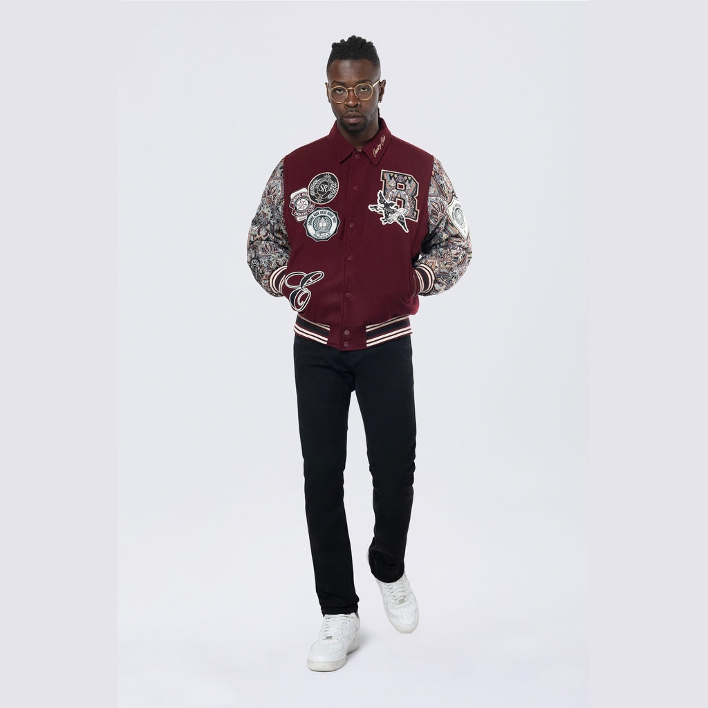 Smoke Rise Studded Patched Varsity Jacket - Wine