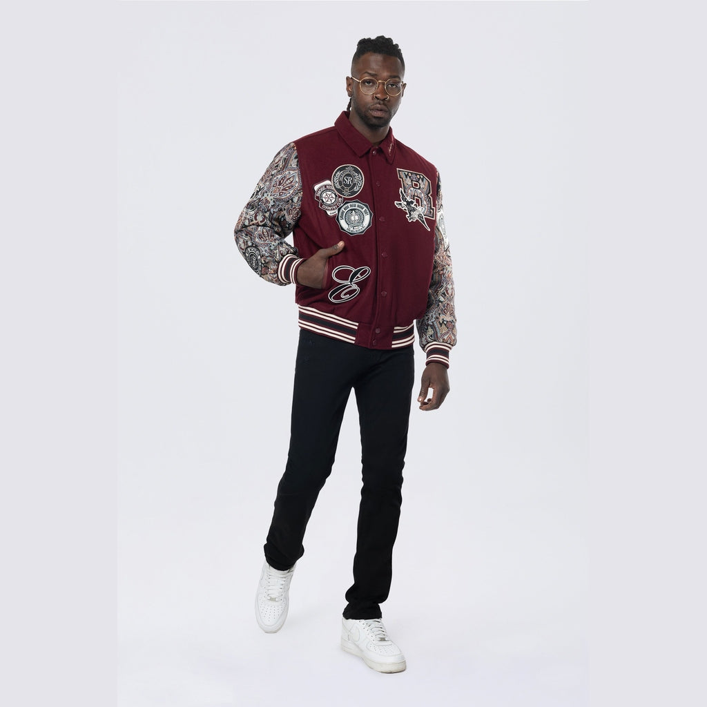 Smoke Rise Studded Patched Varsity Jacket - Wine