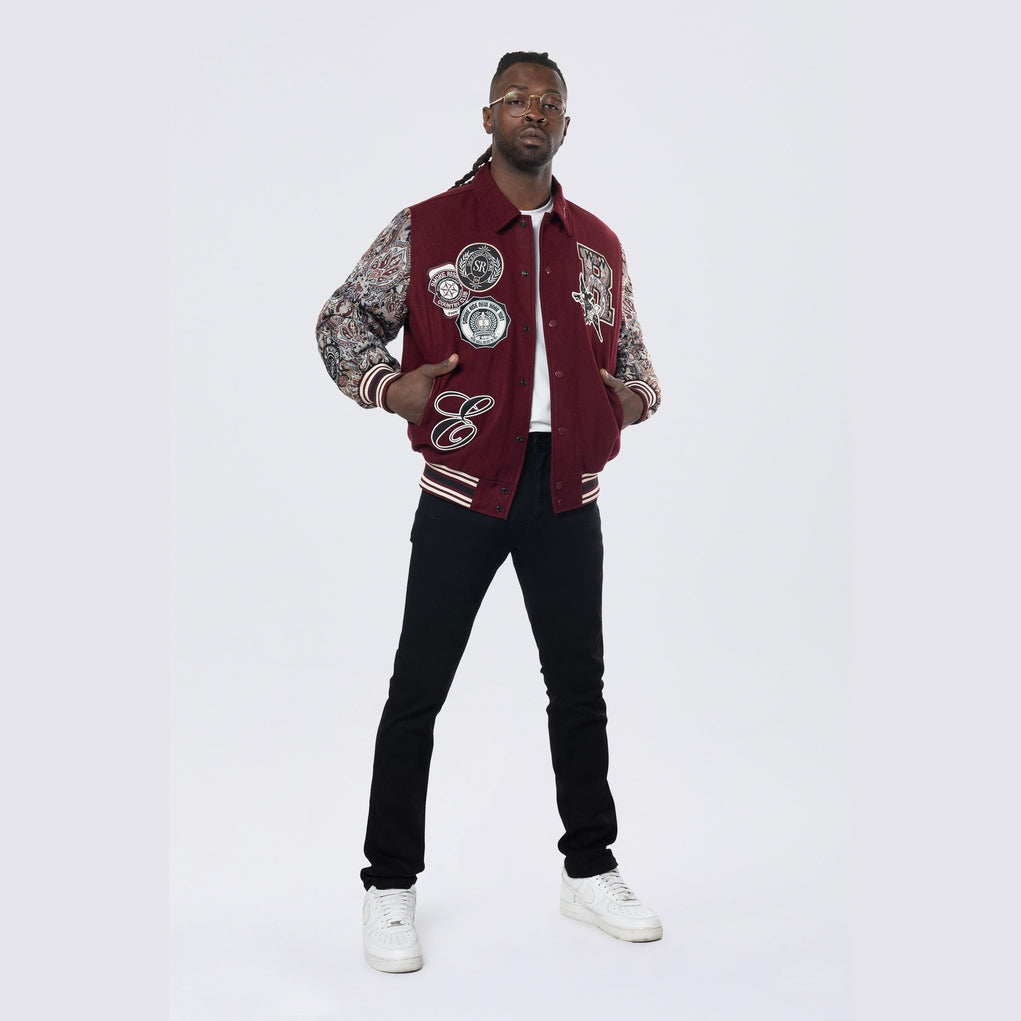 Smoke Rise Studded Patched Varsity Jacket - Wine