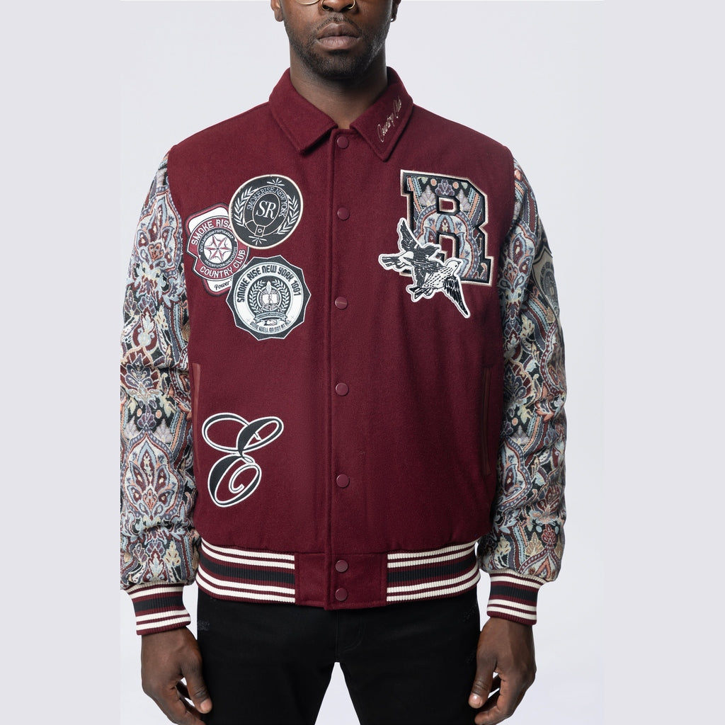 Smoke Rise Studded Patched Varsity Jacket - Wine