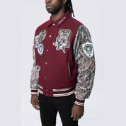 Smoke Rise Studded Patched Varsity Jacket - Wine