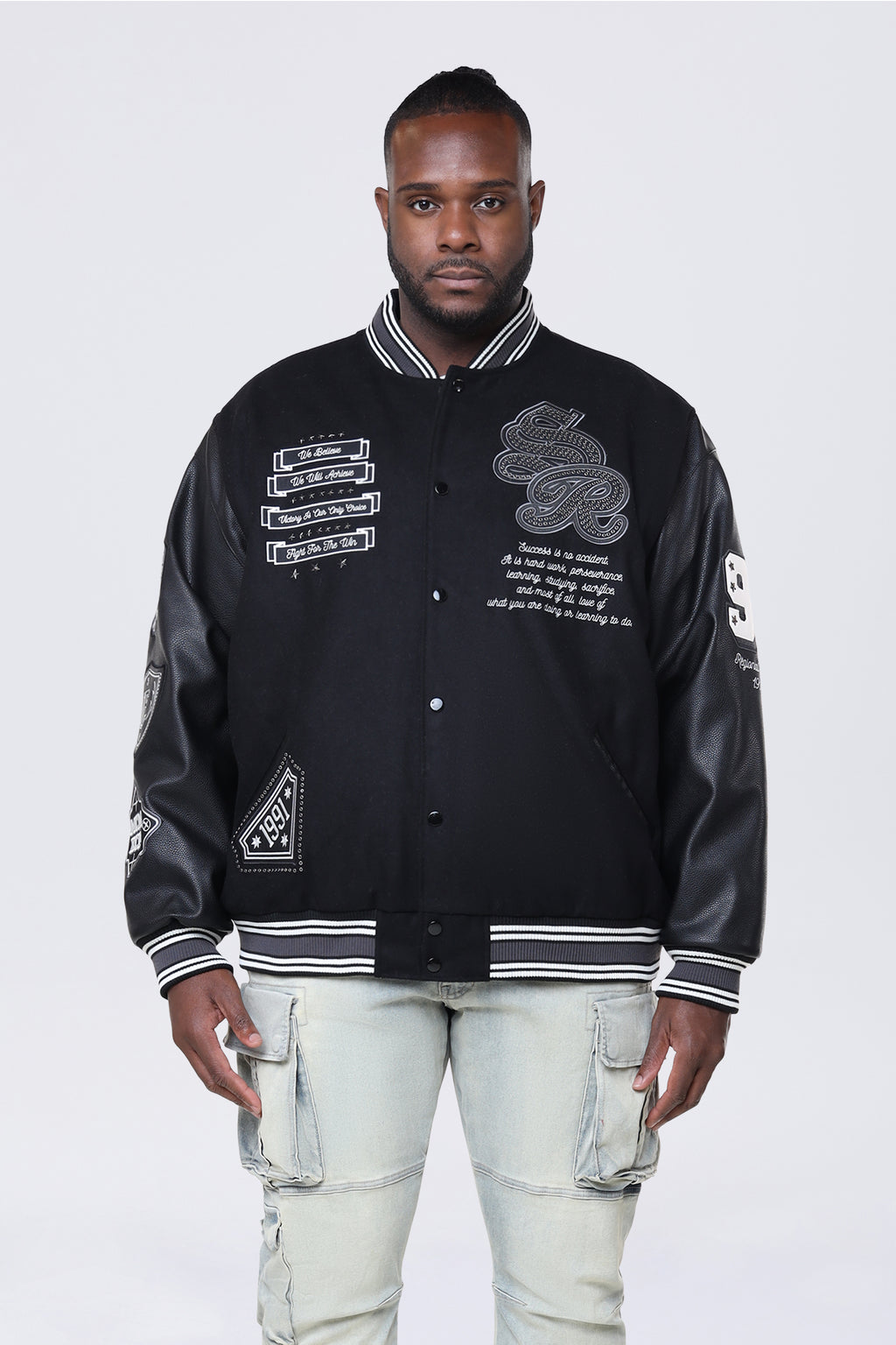 Smoke Rise Big and Tall Big and Tall - Studded Patched Varsity Jacket - Black