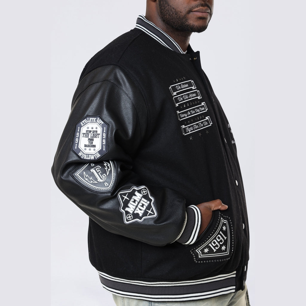 Smoke Rise Big and Tall Big and Tall - Studded Patched Varsity Jacket - Black