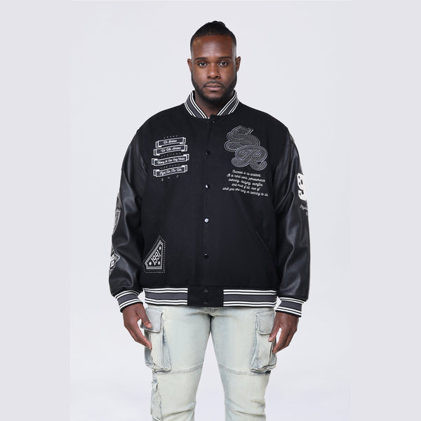 Big and Tall - Studded Patched Varsity Jacket - Black