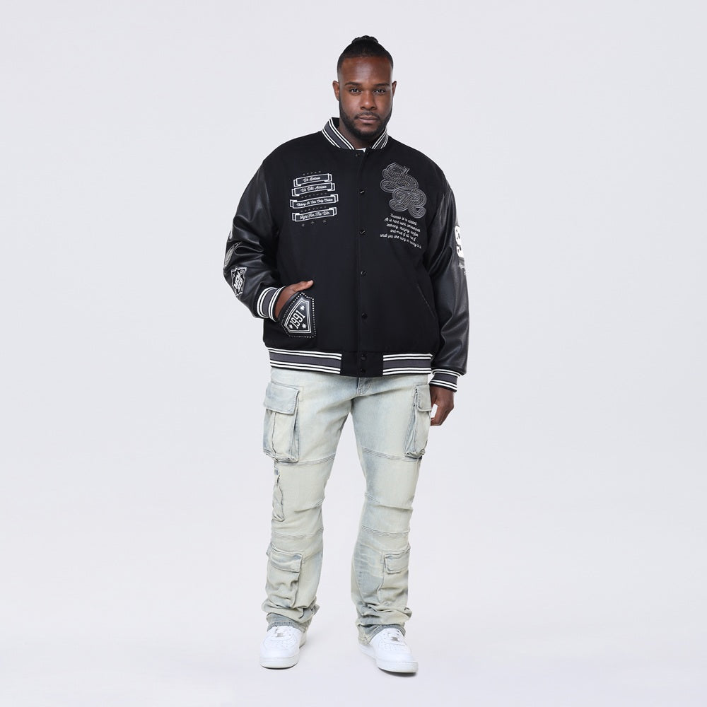 Big and Tall - Studded Patched Varsity Jacket - Black