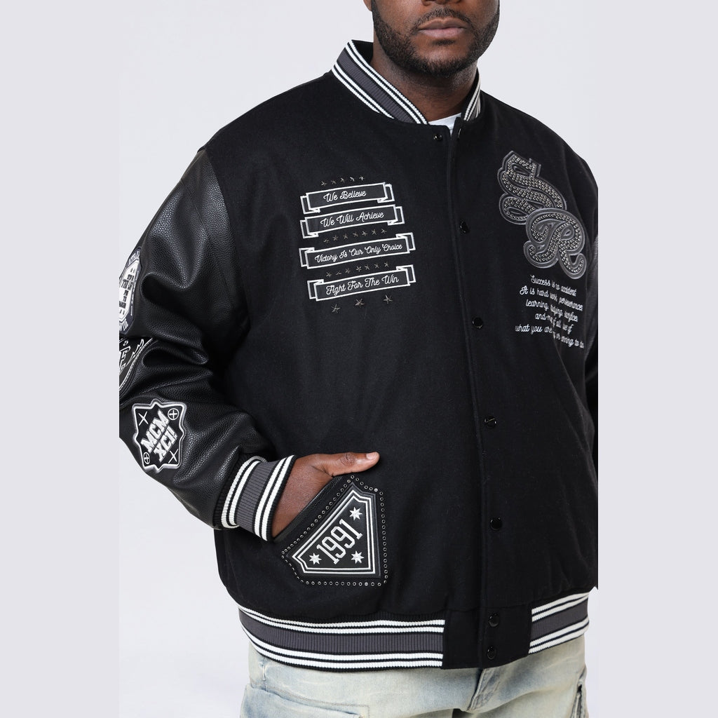 Smoke Rise Big and Tall Big and Tall - Studded Patched Varsity Jacket - Black