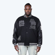 Big and Tall - Studded Patched Varsity Jacket - Black