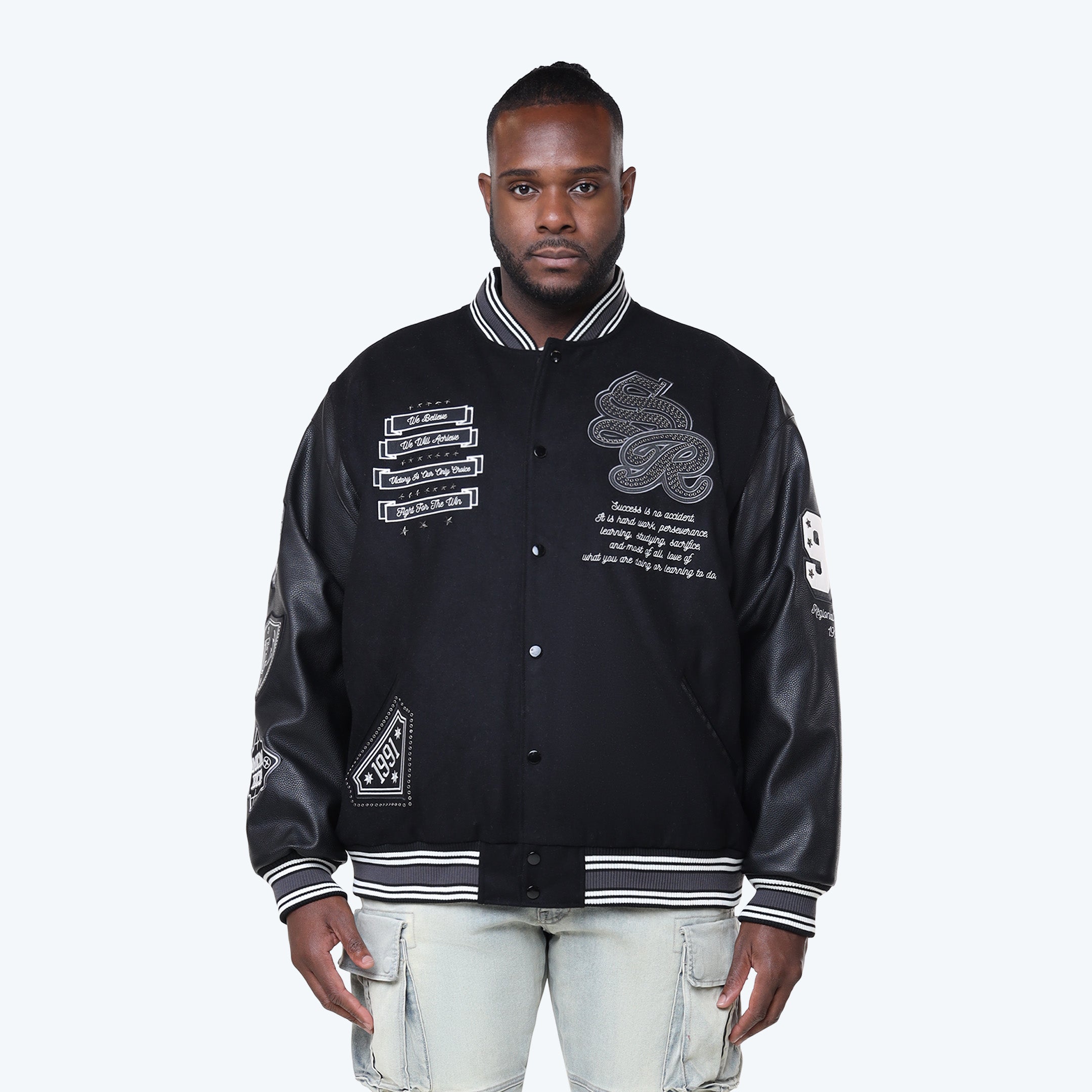 Big and Tall - Studded Patched Varsity Jacket - Black