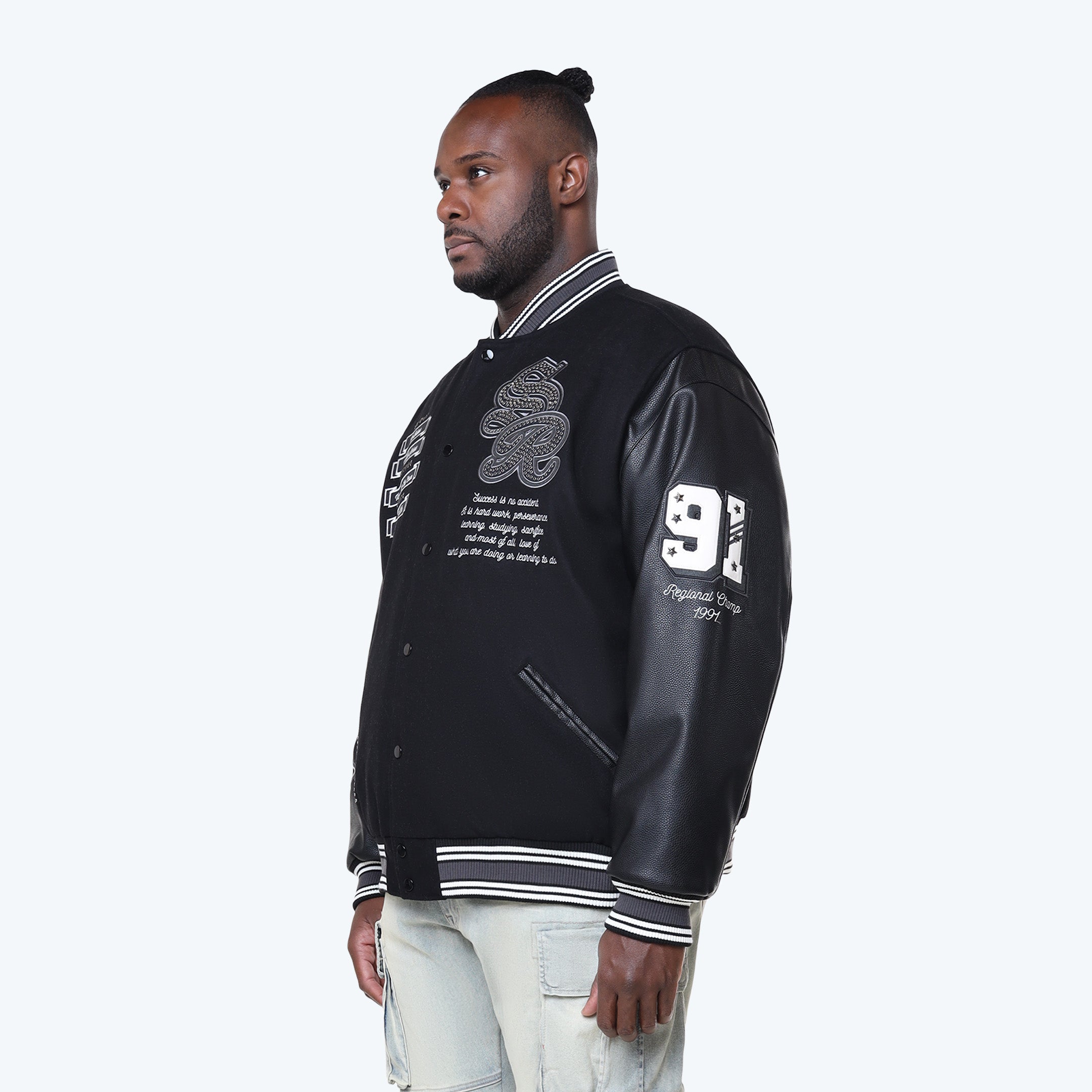 Big and Tall - Studded Patched Varsity Jacket - Black