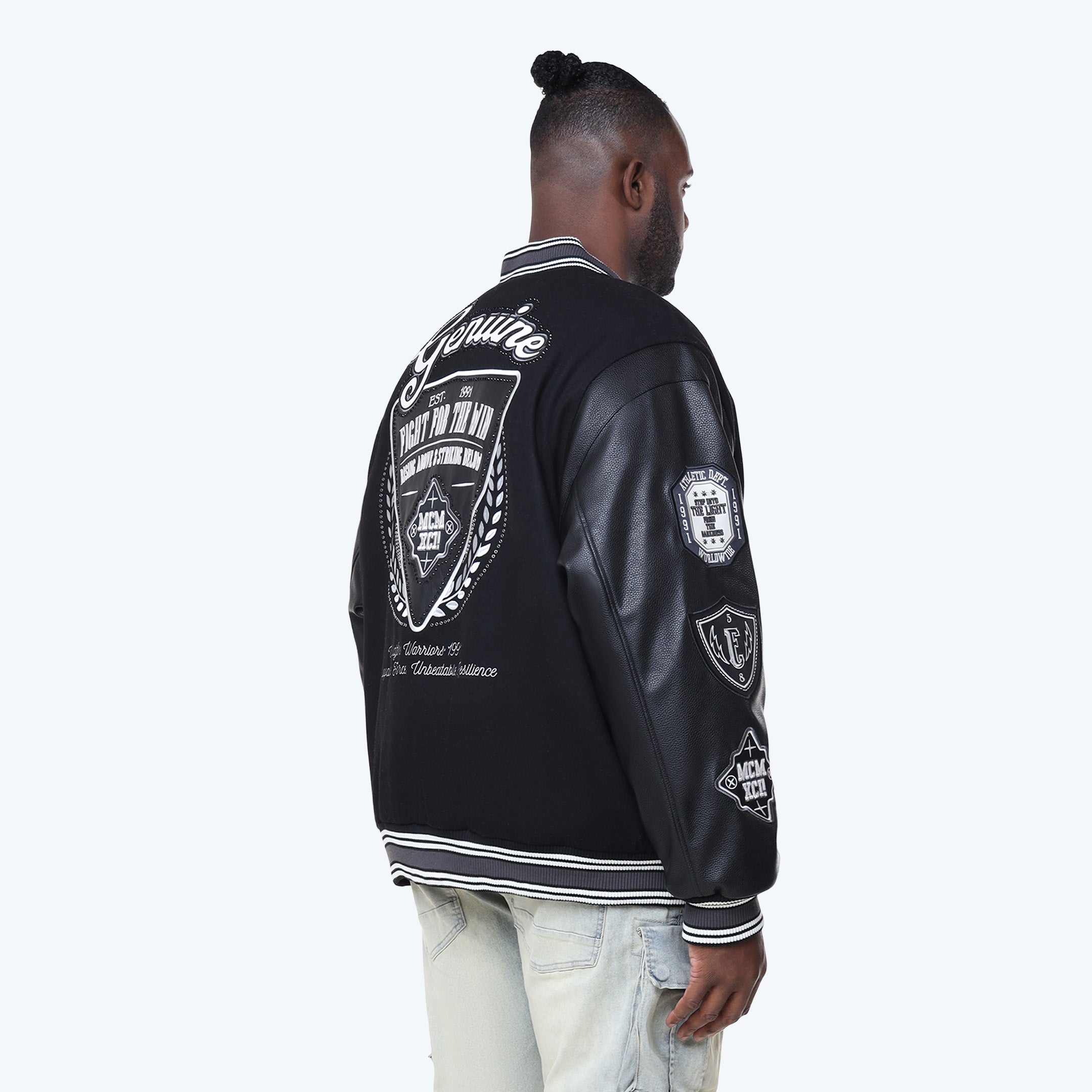 Big and Tall - Studded Patched Varsity Jacket - Black
