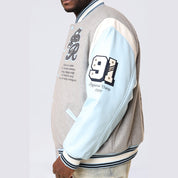 Smoke Rise Big and Tall Big and Tall - Studded Patched Varsity Jacket - Heather Grey