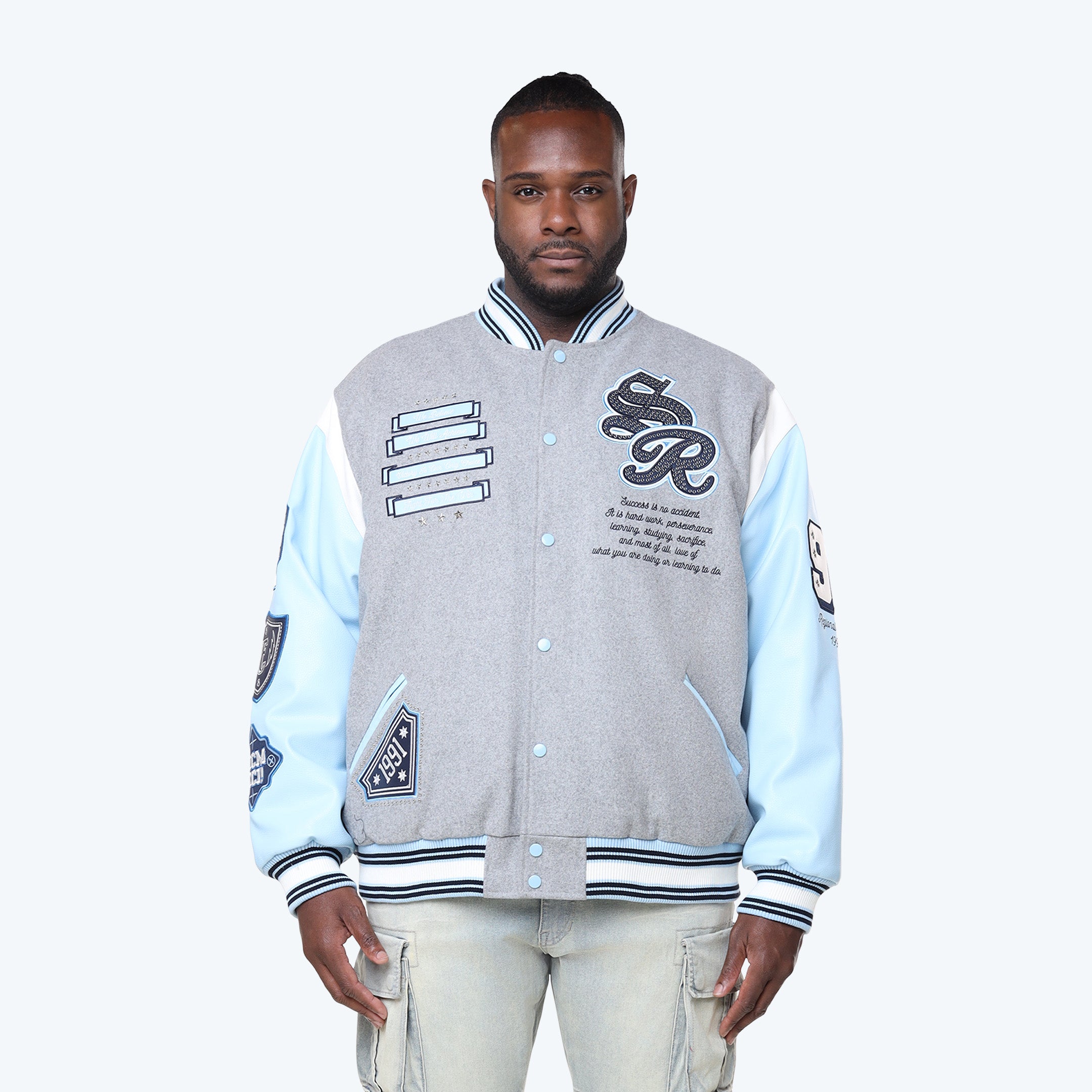Big and Tall - Studded Patched Varsity Jacket - Heather Grey