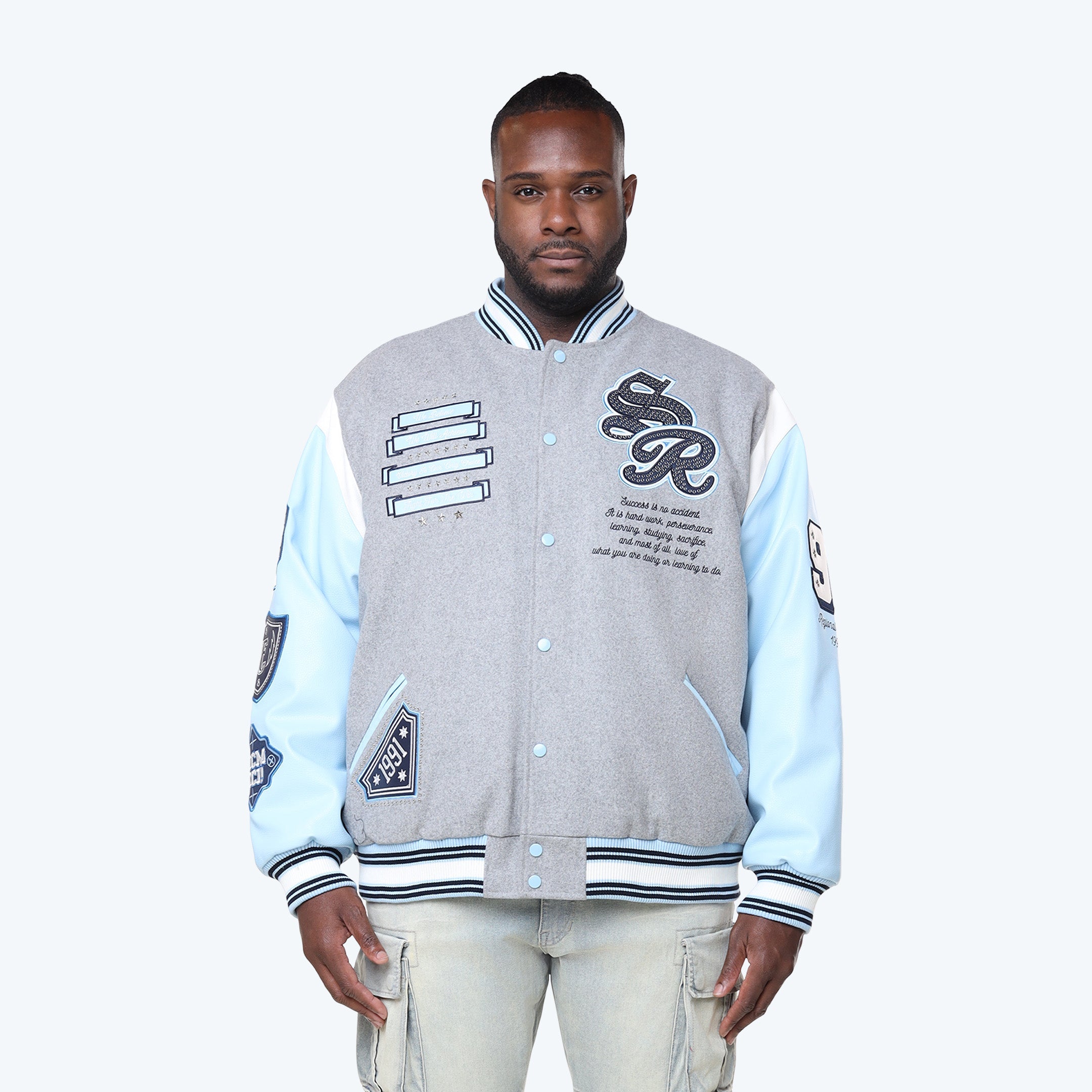 Big and Tall - Studded Patched Varsity Jacket - Heather Grey