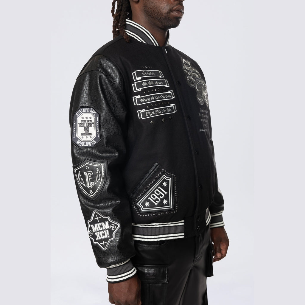 Smoke Rise Studded Patched Varsity Jacket - Black