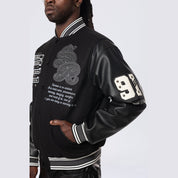 Smoke Rise Studded Patched Varsity Jacket - Black