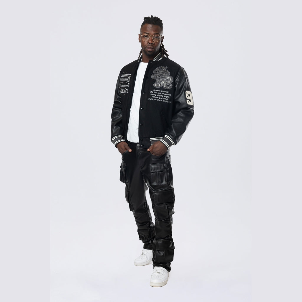 Smoke Rise Studded Patched Varsity Jacket - Black