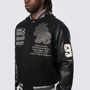 Smoke Rise Studded Patched Varsity Jacket - Black