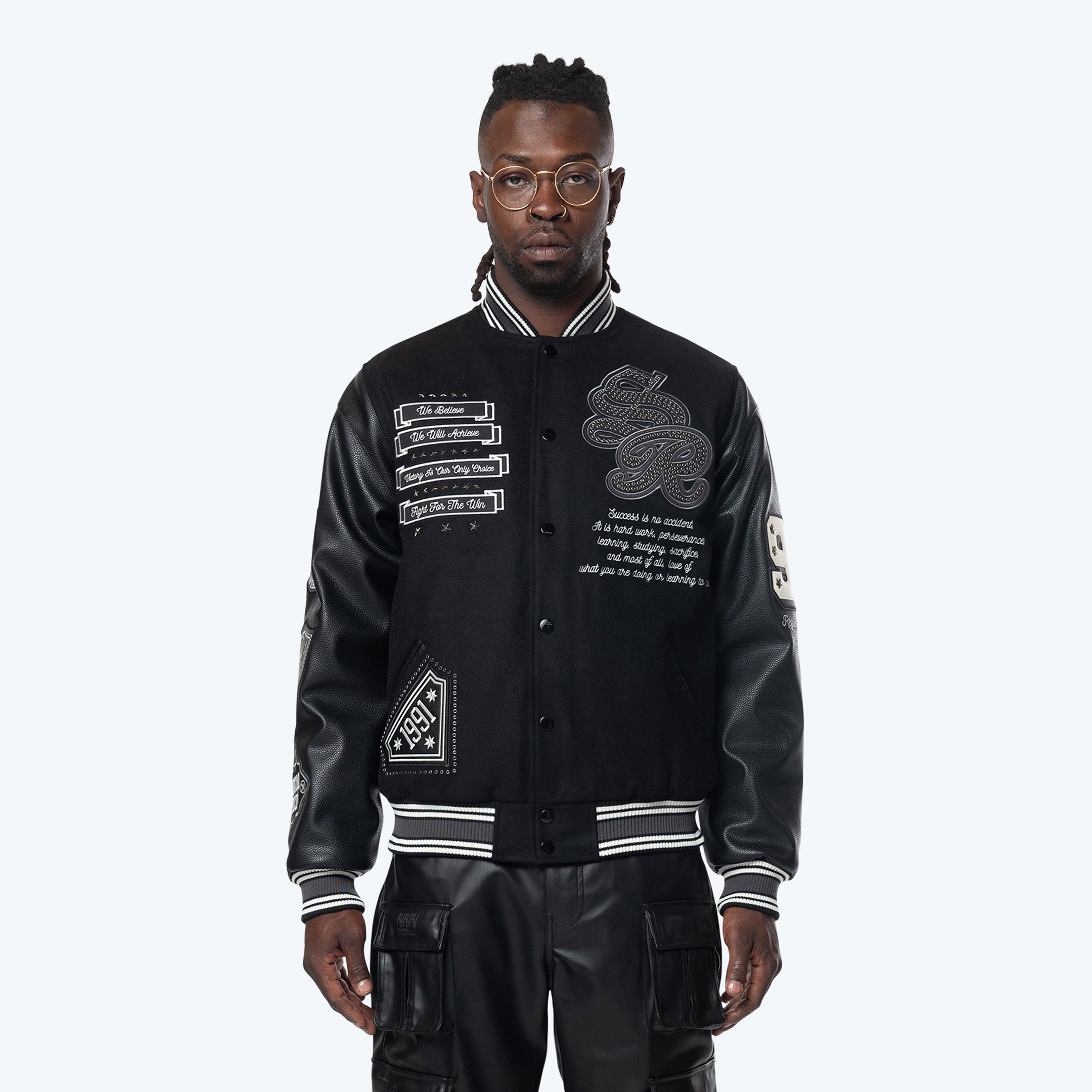 Studded Patched Varsity Jacket - Black
