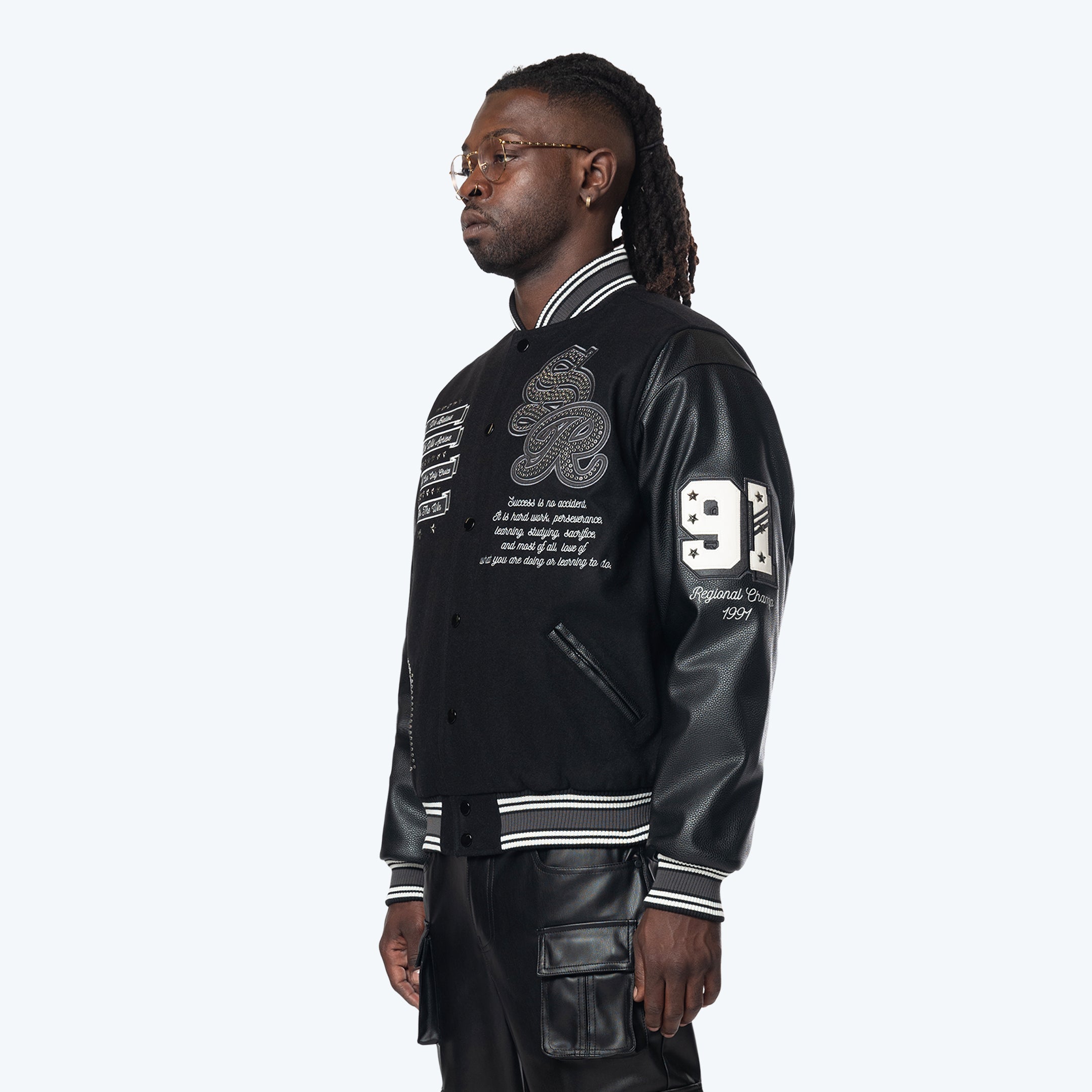 Studded Patched Varsity Jacket - Black