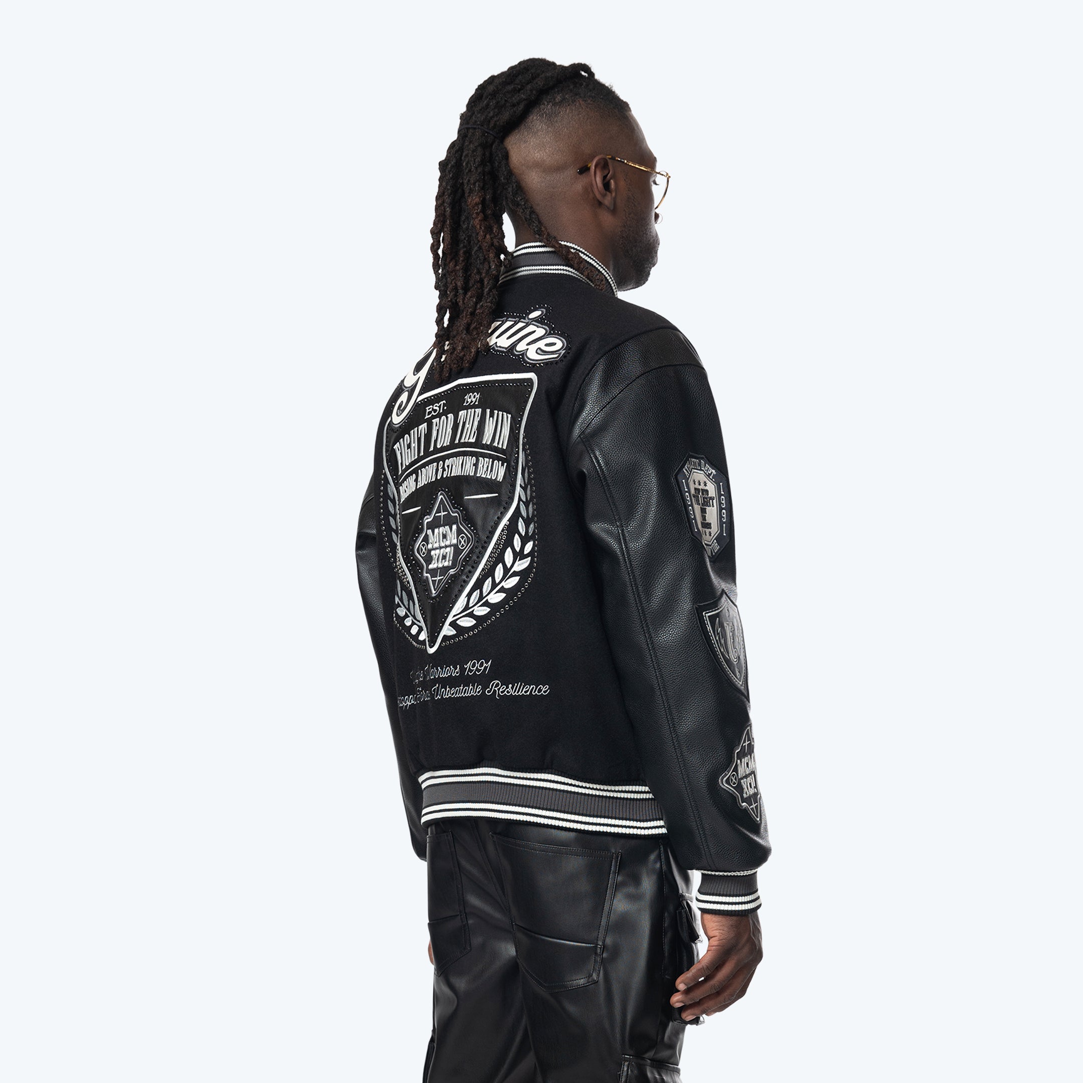 Studded Patched Varsity Jacket - Black