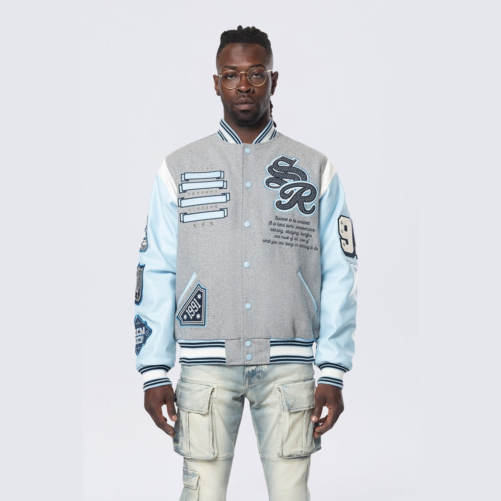 Smoke Rise Studded Patched Varsity Jacket - Heather Grey